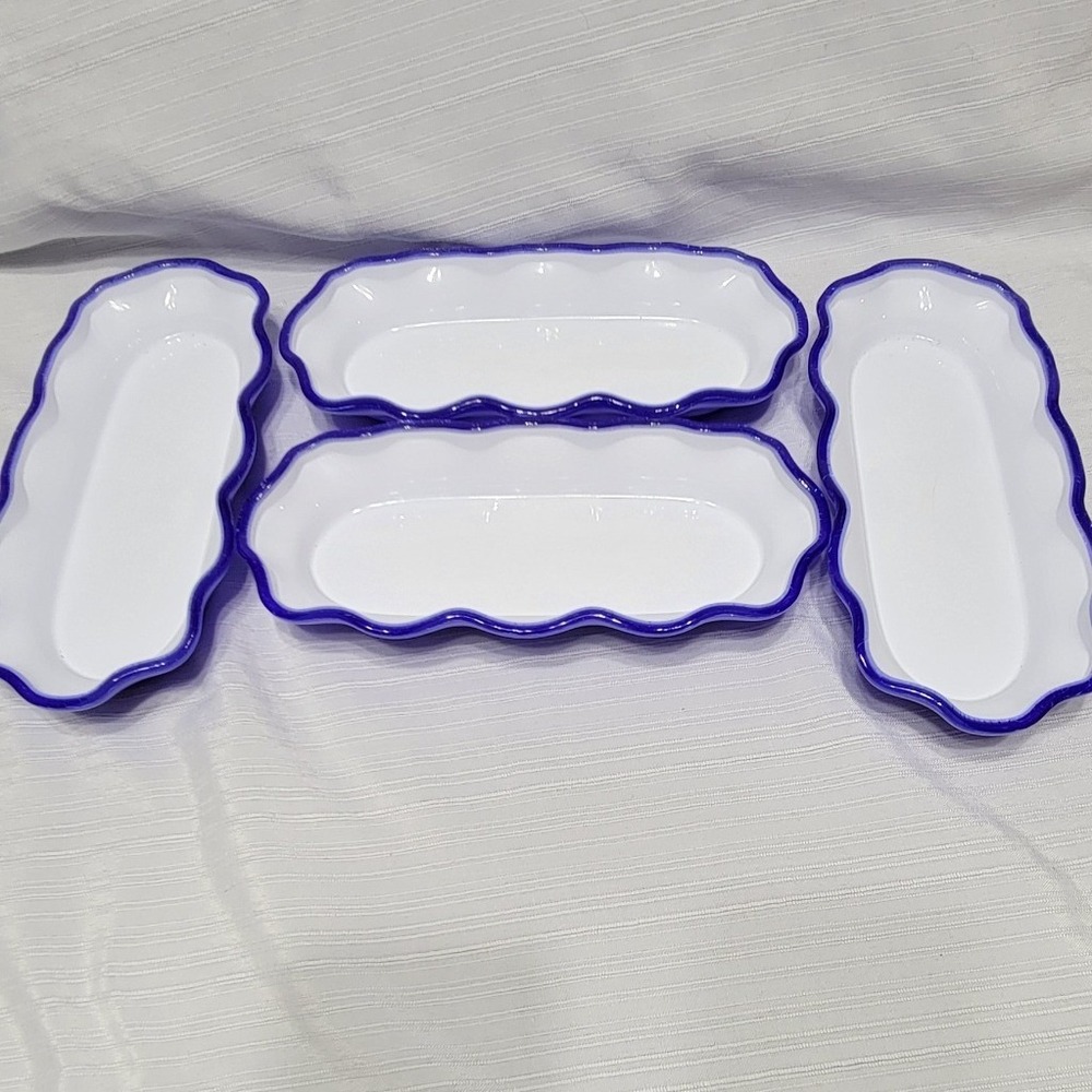 Vintage Cobalt Blue White Plastic Banana Split Boat Ice Cream Dishes Set of 4